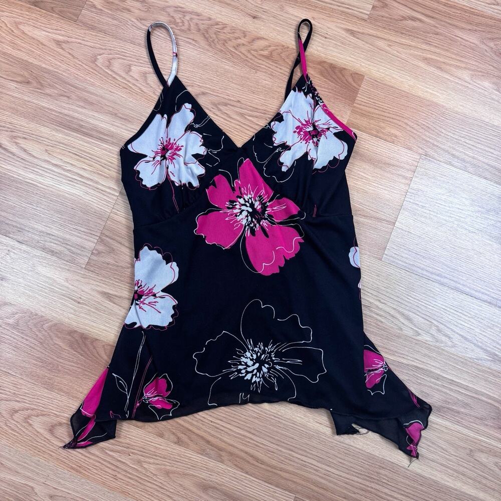 Women’s Juniors 1X Y2K Going Out Top Black Pink Floral Tank Strappy Flowy